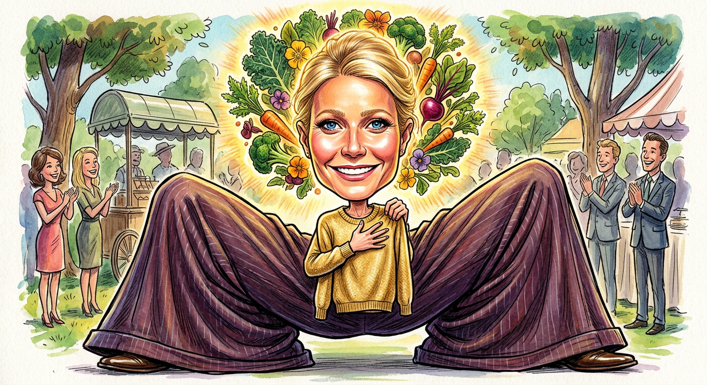A caricature of Gwyneth Paltrow Discovers Pants, World Officially Runs Out of Things to Report, showing her in massive wide-leg trousers.