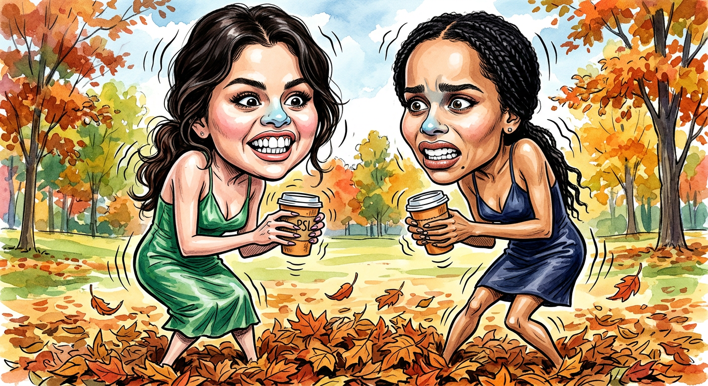 A caricature of the two stars illustrates the article Selena Gomez and Zoë Kravitz Risk Hypothermia for 90s Grunge Aesthetic as they freeze in thin dresses.