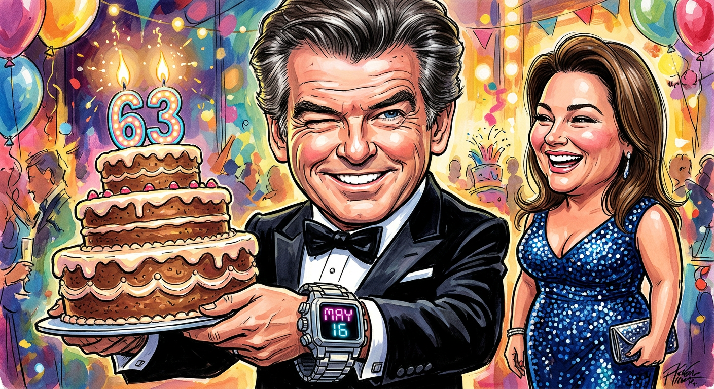 A satirical caricature illustration showing the story Pierce Brosnan Declared World’s Only Man to Remember a Significant Calendar Date with the actor holding a giant birthday cake.