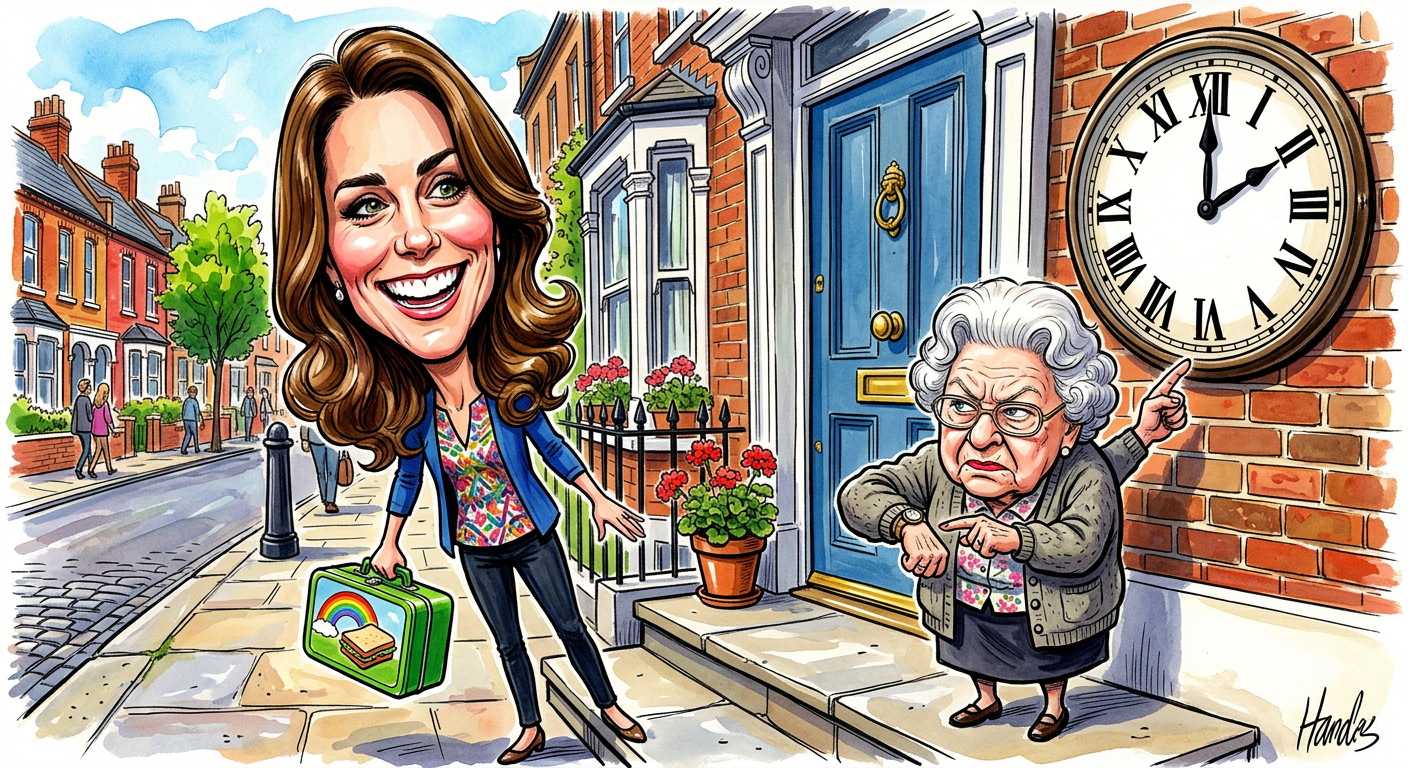 A satirical illustration showing the scene from Local Hero Ignores Kate Middleton While Watching Her Stories On The Telly where the Princess is snubbed at a front door.