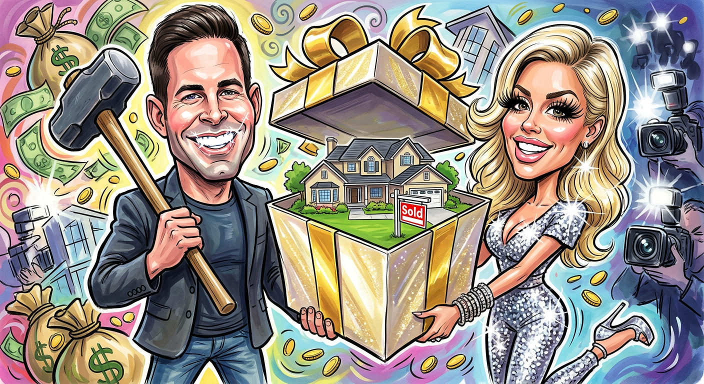 A caricature of the El Moussas presenting a house as a gift, illustrating the story Tarek and Heather Rae Gift Daughter Entire Zip Code for Sweet Sixteen Surprise.
