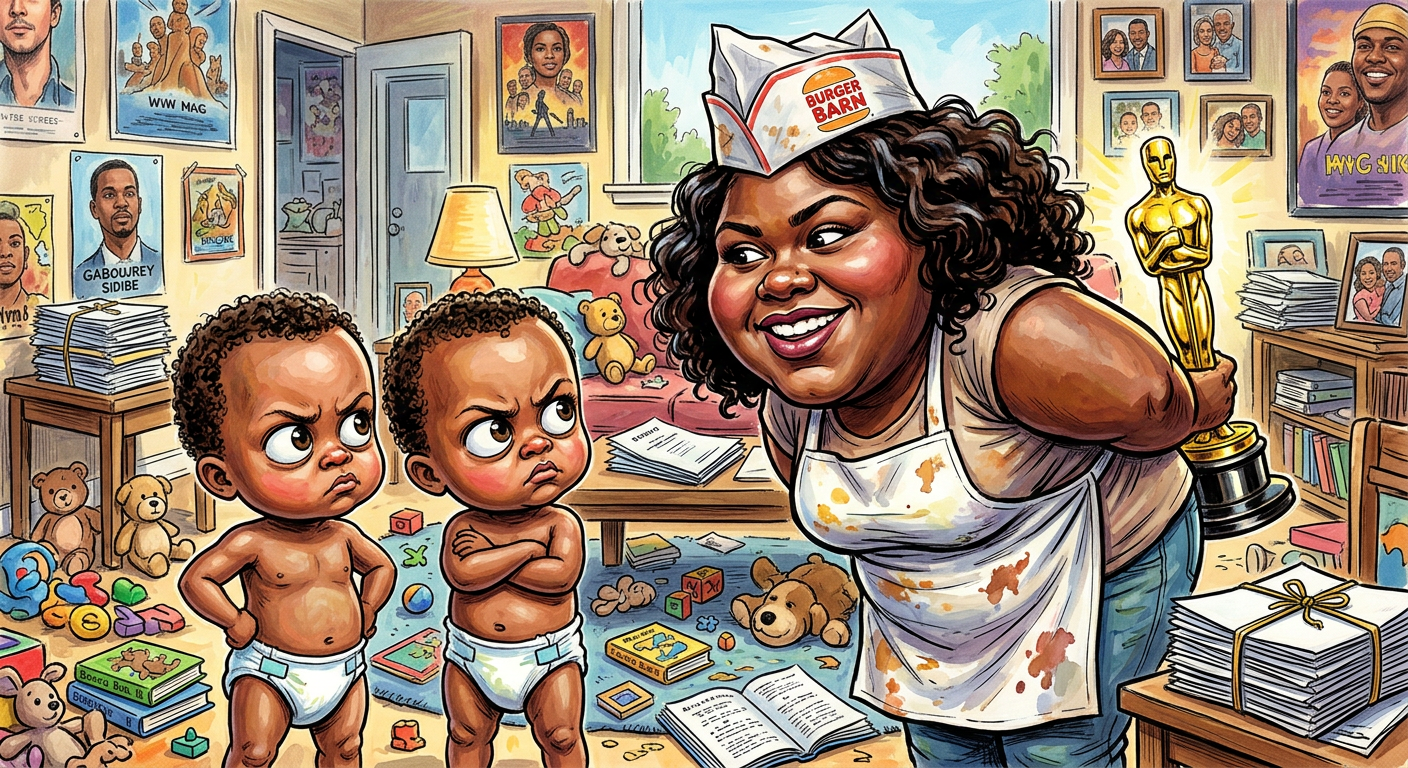 A colorful tabloid caricature of the story Gabourey Sidibe Forces Her Twin Toddlers to Believe She is a Professional Sandwich Artist, showing her hiding an award from her babies.