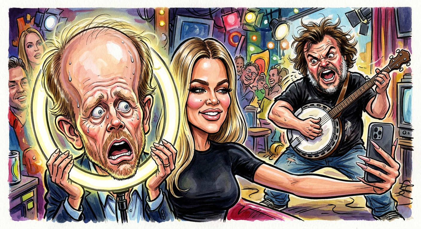 A caricature illustrating the story Ron Howard Trapped in Kardashian Selfie Vortex While Jack Black Aggressively Shreads Banjo showing a chaotic red carpet scene.
